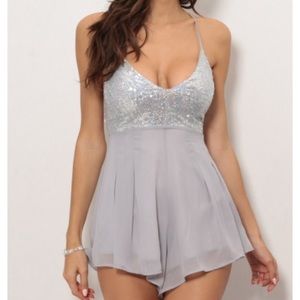 Viviana Romper In Silver Sequin w Lace up Back